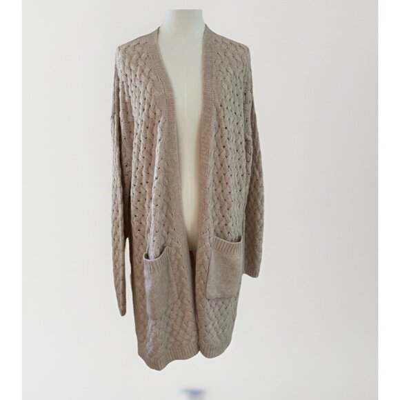 HYFVE Open Knit Long Line Cardigan Duster Women's Large Beige Boho Cozycore - Picture 1 of 12